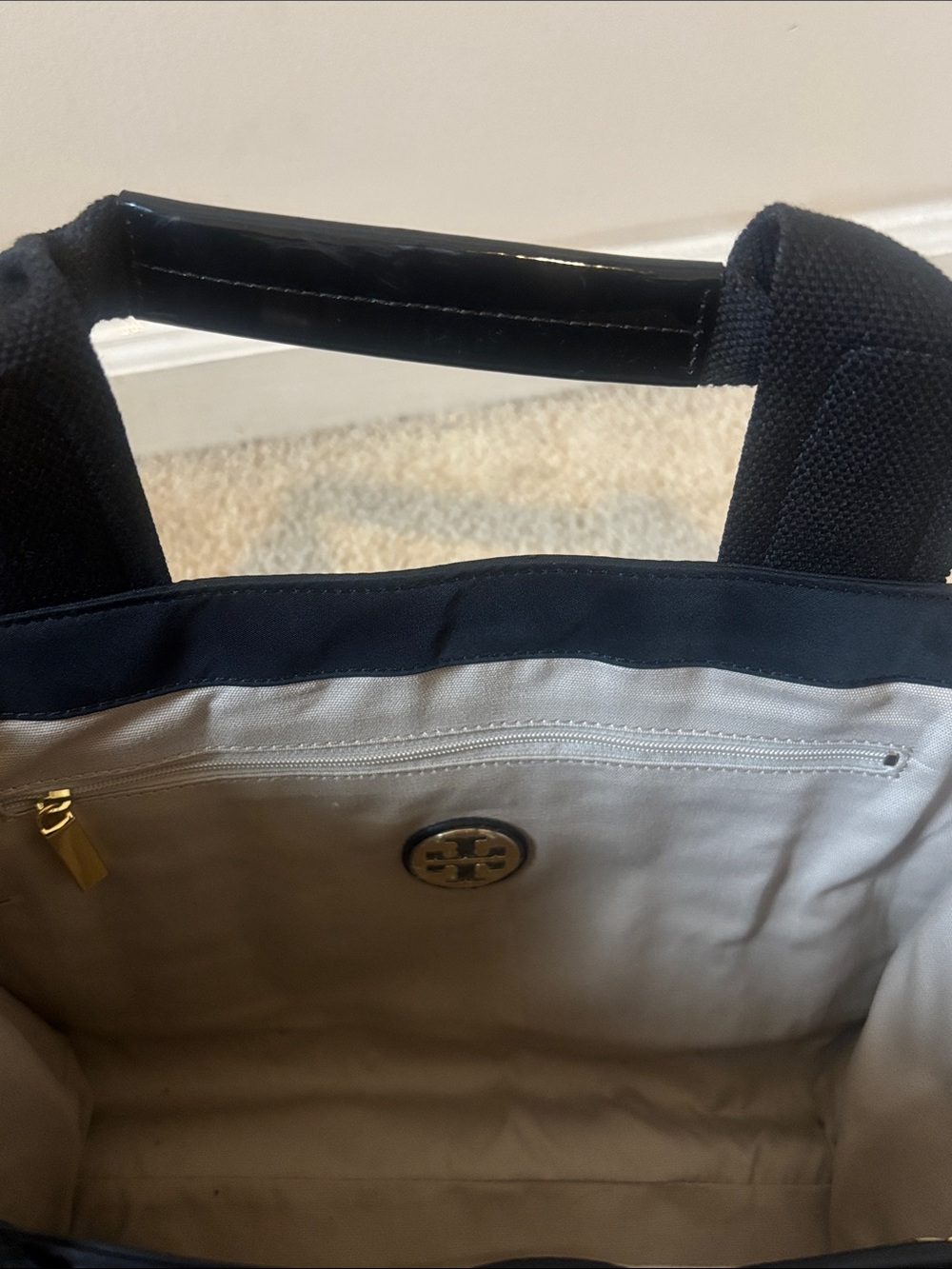Tory Burch Black Nylon Logo Tote with Patent Trim - Picture 3 of 9